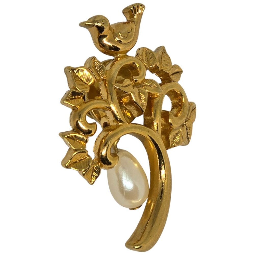 Vintage Gold Tone Bird Brooch Faux Pearl Dangle Leaf Vine Boho Jewelry